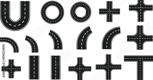 Black and white vector icon set featuring various road segments highway intersections roundabouts and curved paths for urban mapping