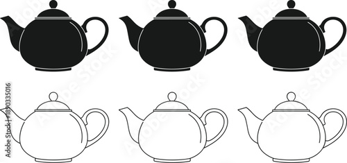 Black and white vector icon set featuring traditional ceramic teapots in both solid silhouette and detailed line art styles