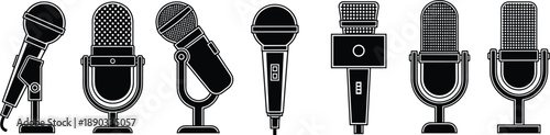 Collection of silhouette icons of various microphones on a white background audio sound