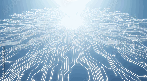 "Abstract Visualization of Radiating Lines and Nodes Emanating from a Central Light Source, Representing Connectivity, Data Flow, and the Dynamic Nature of Digital Technology in a Bright Futuristic Se