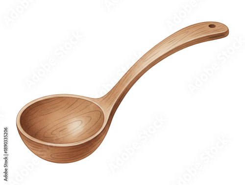 Wooden Ladle with Natural Grain Texture and a Hole on Handle Isolated on White Background