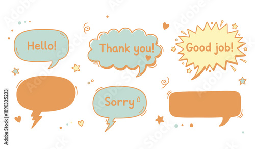 Set of doodle and speech bubble vector. Collection of contemporary figure, speech bubble with text good vibes on transparent background
