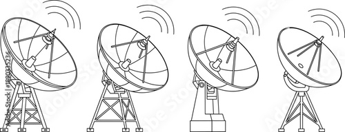 Black and white vector line art set of various satellite dishes transmitting signals for global telecommunication and technology concepts