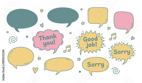 Set of doodle and speech bubble vector. Collection of contemporary figure, speech bubble with text good vibes on transparent background