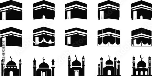 Silhouette icon set of Kaaba and mosque designs, Islamic architecture and worship theme illustration, transparent background graphic