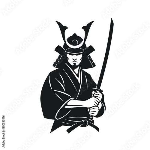 Graphic Illustration of a Resolute Warrior in Traditional Attire, Holding a Sword, Symbolizing Cultural Heritage