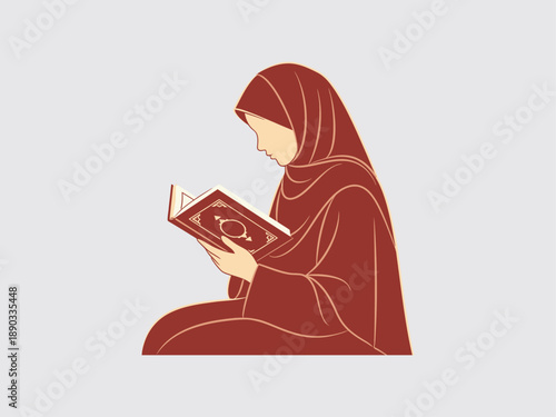Woman Reading Book in Headscarf Illustration.