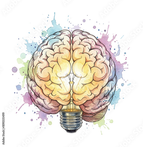 Colorful Watercolor Human Brain Lightbulb Symbolizing Bright Idea Creative Thought and Innovation