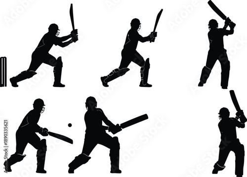Black and white vector silhouette set of professional cricket batsmen playing different shots for sports and competition concepts