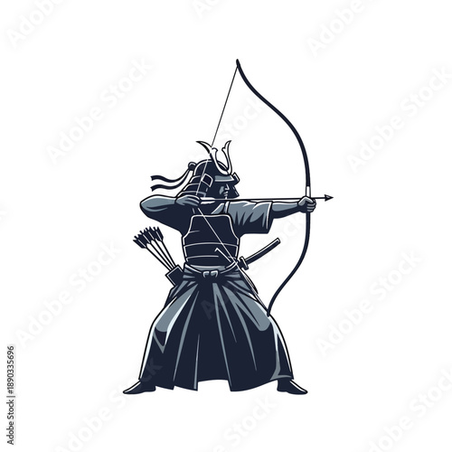 Dynamic Illustration of an Ancient Warrior Archer in Traditional Attire Aiming a Bow and Arrow