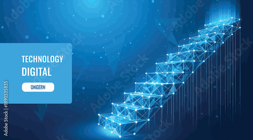 "Futuristic Digital Staircase Constructed from Glowing Nodes and Lines Against a Blue Background, Symbolizing Ascent in Technology, Progress, and Digital Innovation with a Modern Interface Theme."