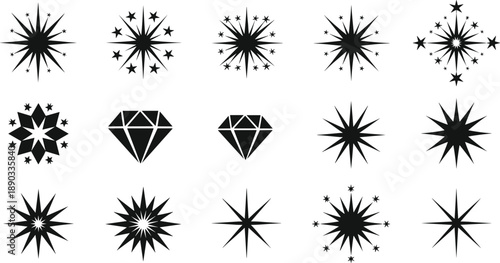 Black and white vector icon set featuring various geometric starbursts sparkling light effects and elegant diamond silhouettes