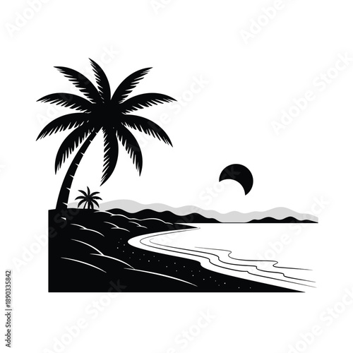 Tropical Nightfall: Serene Coastal Landscape with Palm Trees and Crescent Moon Illustration