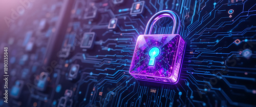 Premium cybersecurity stock illustration, glowing purple padlock with emerald green digital patterns, abstract network of data lines and nodes,