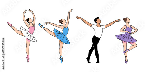 Dancers performing classical ballet movements in colorful tutus