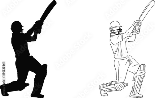 Black and white vector illustration of a cricket batsman hitting a shot featuring both silhouette and line art styles