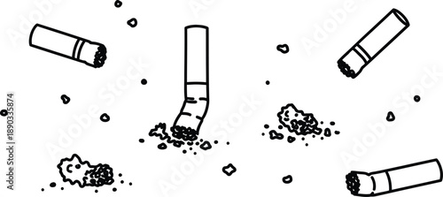 Cigarette butts and ash scattered on a plain surface