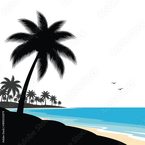 Idyllic Tropical Beach Landscape Illustration with Palm Trees and Ocean View