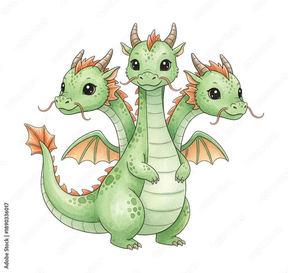 Fototapeta premium Adorable three headed green dragon standing happily smiling with orange wings and horns
