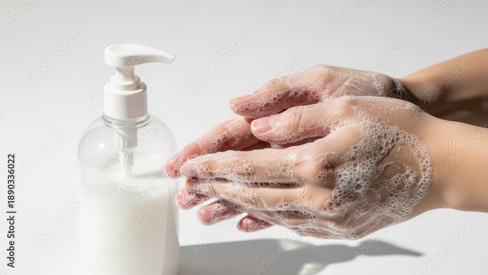 Fototapeta premium person washing hands with soap and hand sanitizer on white background