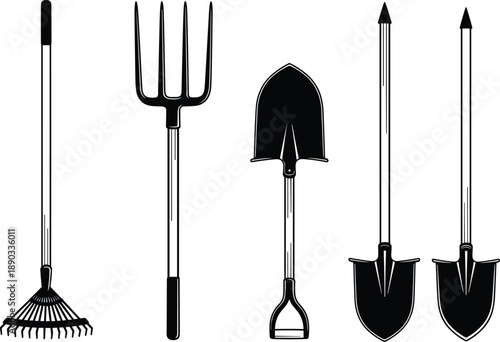 Black and white vector illustration set of garden tools including rake pitchfork shovel and spades for landscaping