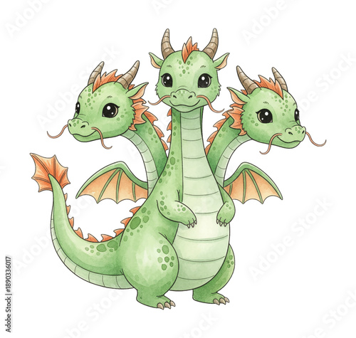 Adorable three headed green dragon standing happily smiling with orange wings and horns