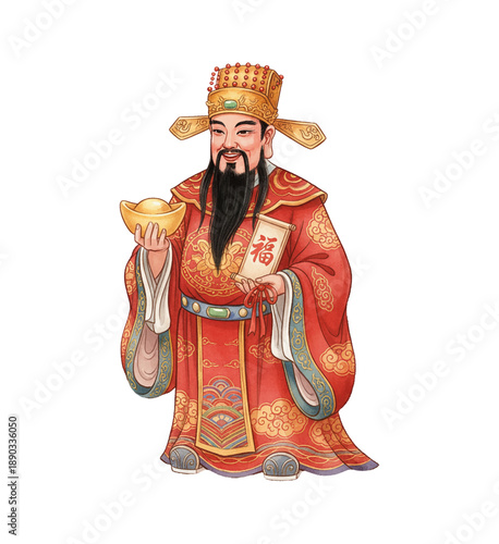 Smiling benevolent Chinese man God of Wealth holding golden ingot and good fortune scroll in traditional red attire