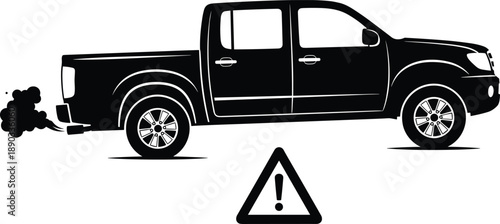Side View Silhouette of a Modern Black Pickup Truck with Exhaust Smoke and Warning Sign for Automotive Repair Roadside Assistance Vehicle Maintenance and Transportation Design