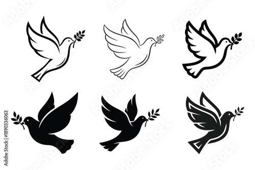 A collection of black Dove of peace silhouettes, flying birds, ideal for graphic design and illustration projects