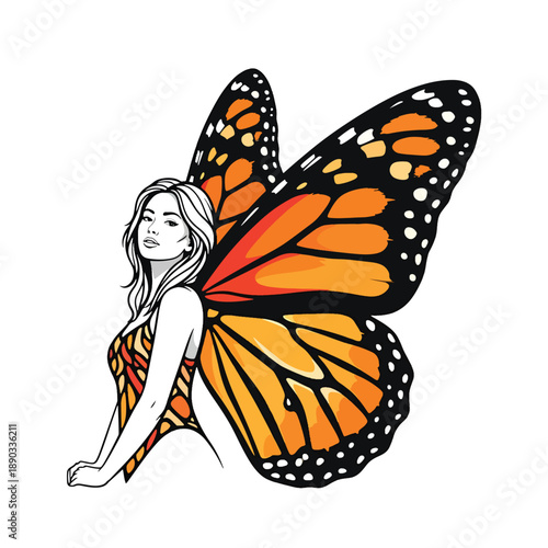 Empowered woman with vibrant butterfly wings, a beautiful vector illustration of transformation and nature's grace.