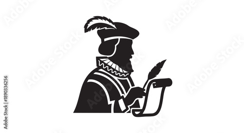 Illustration of a historical figure holding a quill, standing in profile, showcasing traditional attire and writing tools