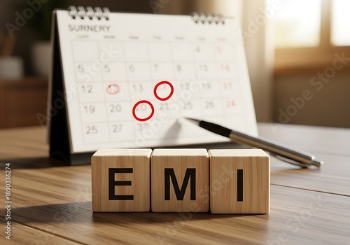 Calendar with marked dates and wooden blocks spelling EMI on a wooden desk near a window