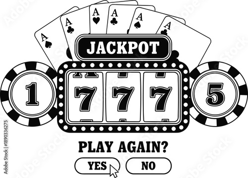 Vector Illustration of Slot Machine Jackpot with Triple Seven Symbols Aces Playing Cards and Poker Chips for Online Casino Gaming Gambling and Betting Apps