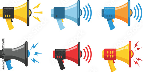 Colorful vector icon set of various megaphones and bullhorns for marketing promotion and public announcement concepts