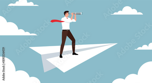 Visionary Businessman on Paper Plane Looking Through Telescope. Leadership and Future Business Strategy Concept. Professional Seeking Opportunities for Career Growth in Sky.