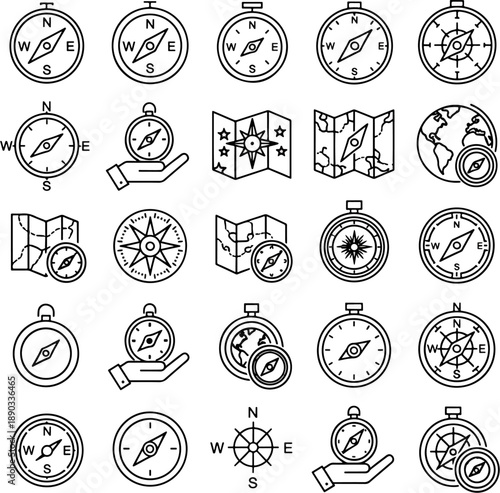 Collection of outline compass icons, navigational tools, and maps representing exploration and travel adventure symbols