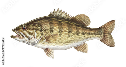 Detailed Smallmouth Bass Fish Watercolor Illustration with Open Mouth and Brown Scales Swimming Side View