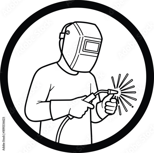 Professional welder wearing protective mask and gloves working with welding torch in a circular frame black and white vector