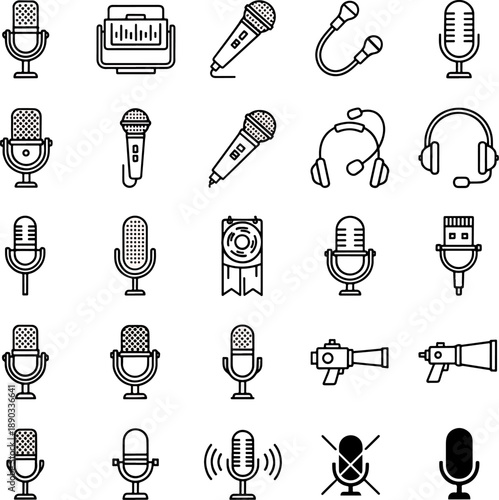 Collection of Microphone Icons Set Diverse Audio Recording Equipment Symbols Outline Vector Graphics