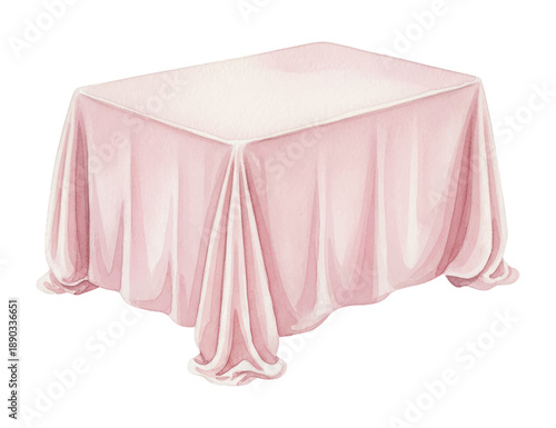 Pink tablecloth draped over a rectangular table in a soft watercolor illustration style