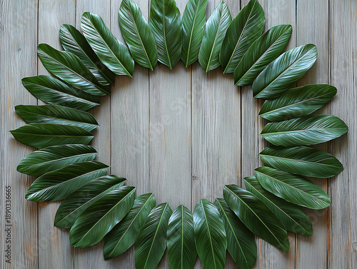 A rustic wooden surface with palm leaves arranged in a circular pattern