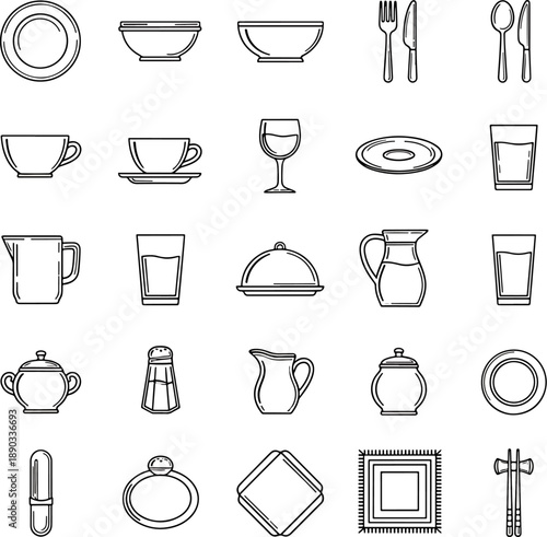 Collection of line art icons representing tableware and kitchenware items, including plates bowls cups cutlery and glasses