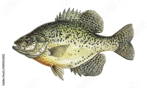 Detailed Watercolor Illustration of a Spotted Crappie Fish with Green Yellow and Black Markings Swimming Isolated
