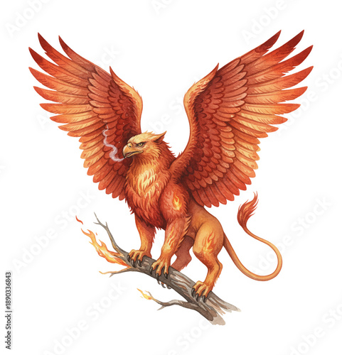 Fiery majestic griffin with wide wings perched on a burning branch exhaling smoke a powerful mythical beast