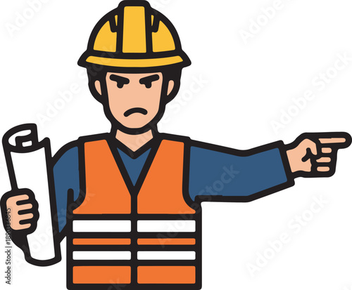 Angry Construction Supervisor Flat Vector for Project Management Site, project management software, site safety training, labor relations articles, and industrial leadership presentations.