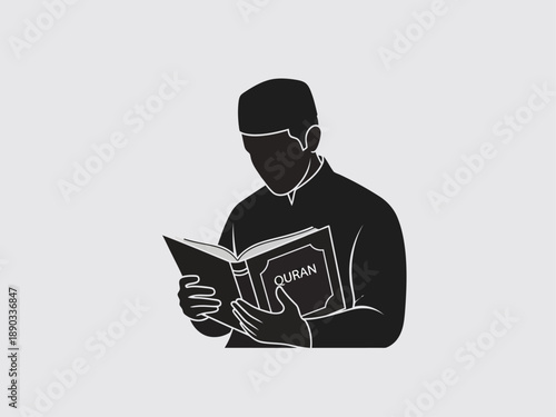 Man Reading Quran Book Silhouette Illustration.