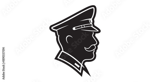 Profile illustration of a smiling military officer in uniform, depicted in a minimalist black and white style