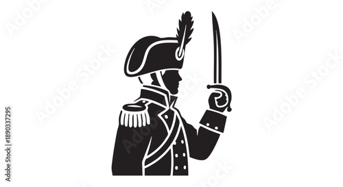Illustration of a historical military officer holding a sword in a formal pose against a simple background