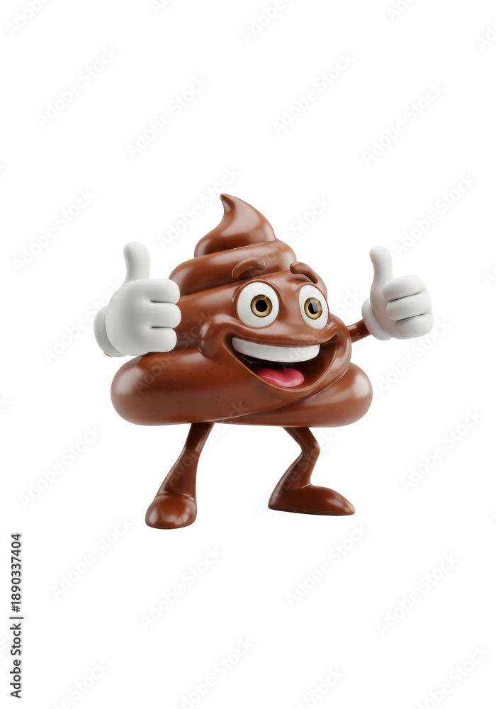 Obraz premium hyper-realistic 3d anthropomorphic poop emoji with glossy chocolate-brown texture, large cartoon eyes, beaming smile, giving a double thumbs-up on a transparent background, concept of positive
