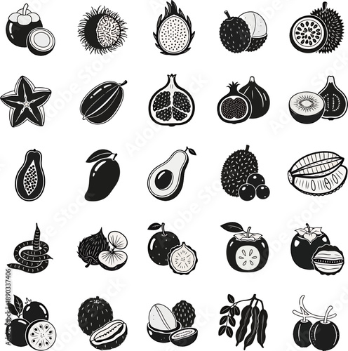 Collection of exotic tropical fruits and berries in a clean, modern, black and white icon set, vector illustration